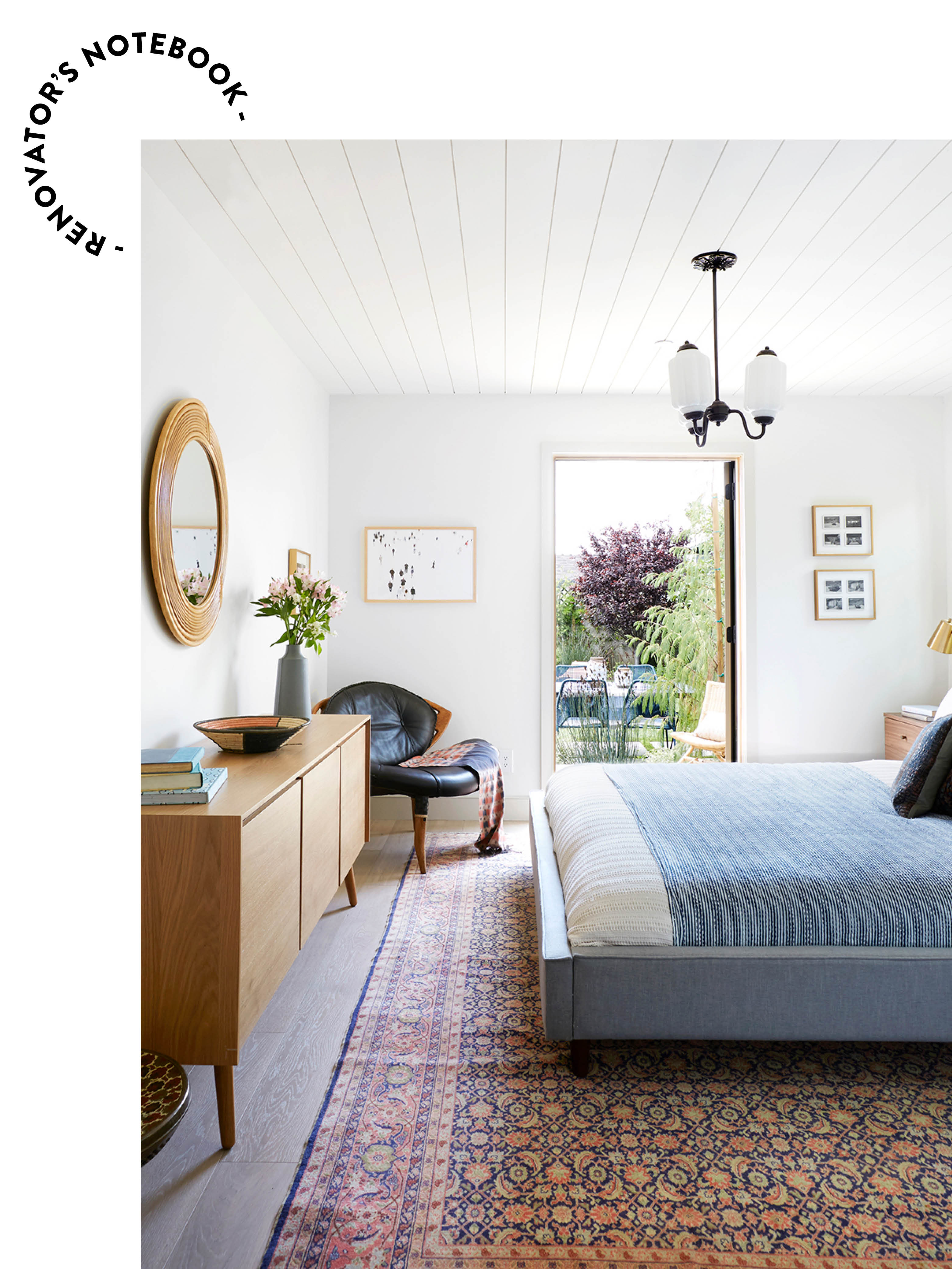 Bedroom with white walls and blue bed