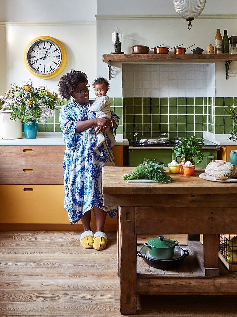 Sophia Cook and her son in her London kitchen