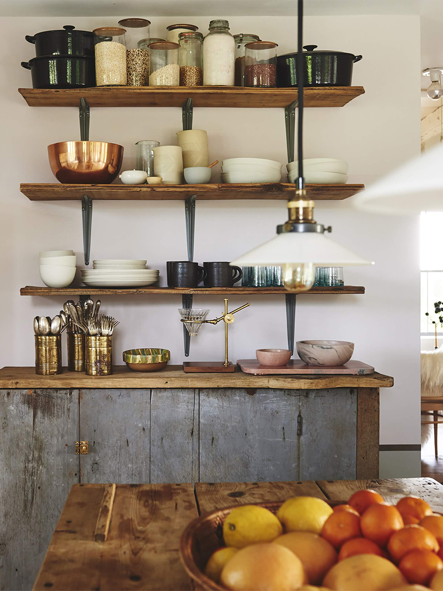 rustic grey cabinet open shelving unit