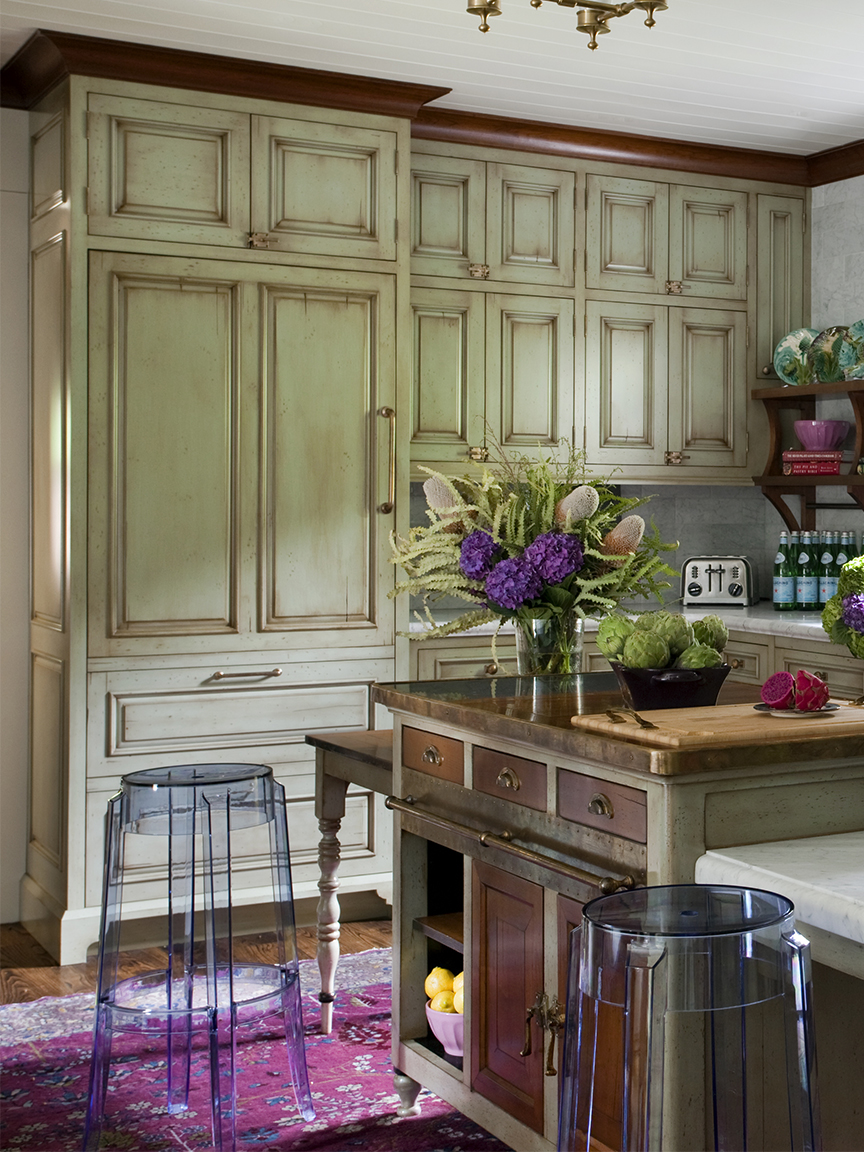 green distressed kitchen cabinets