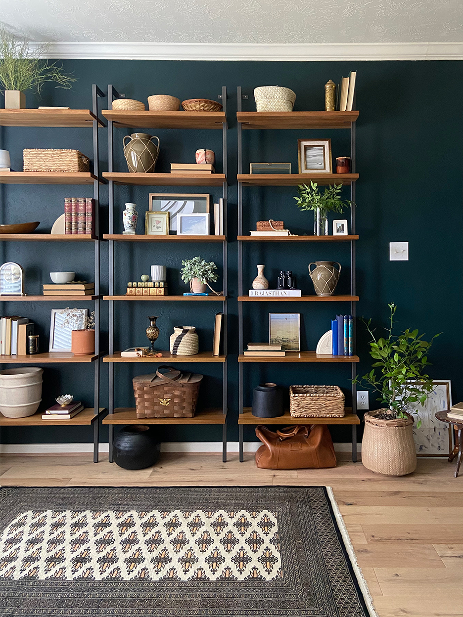 Home office with decorated bookshelf