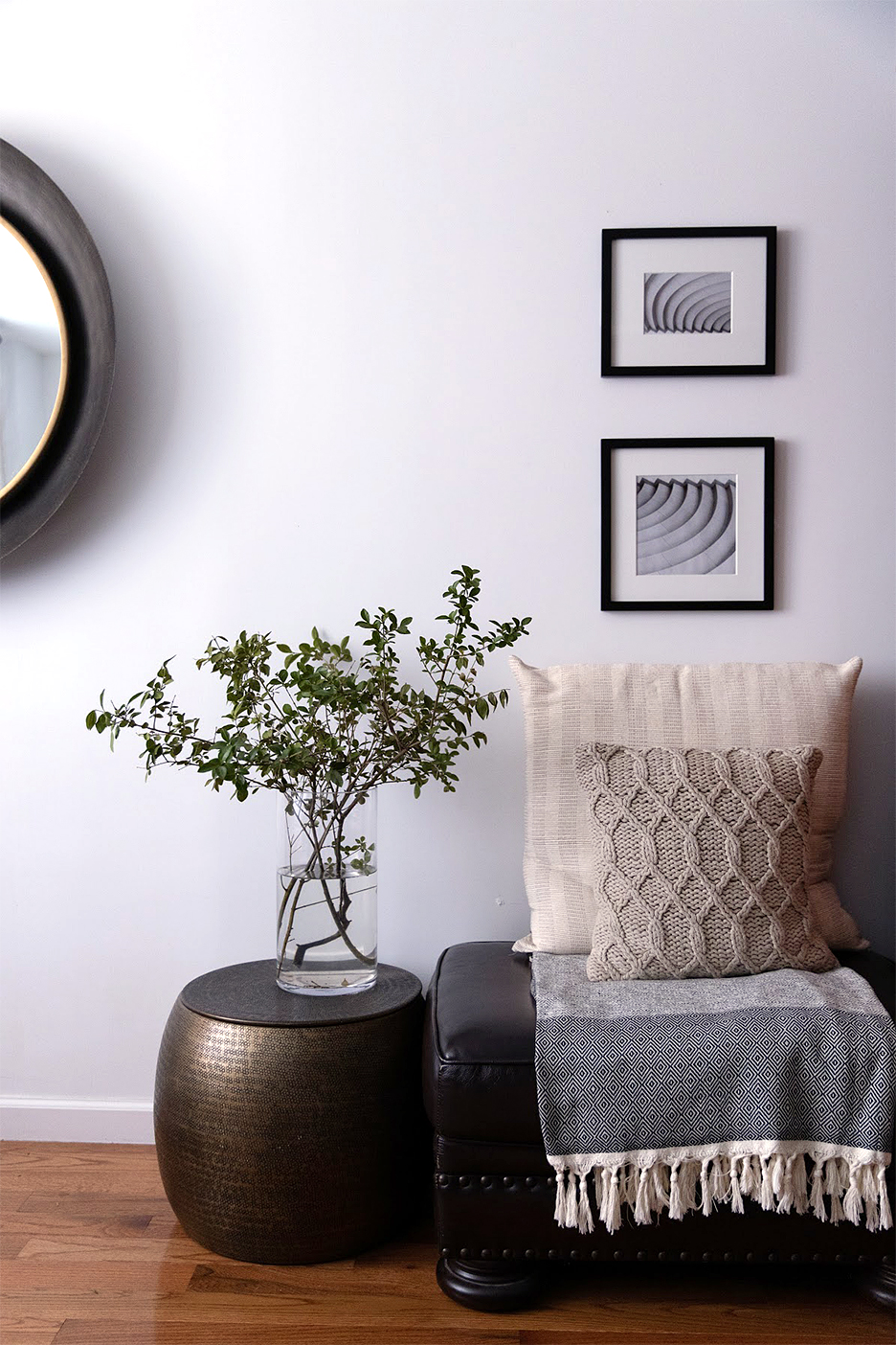 Entryway with bench and small circular table