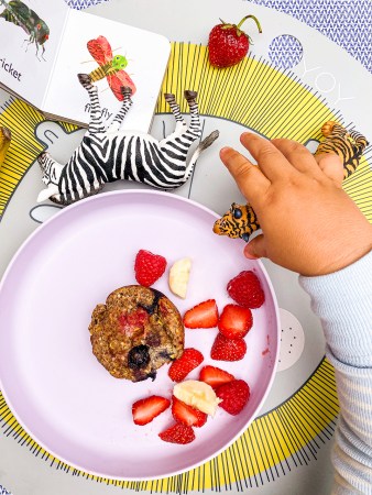 muffin on a pink plate with baby hand reaching for it