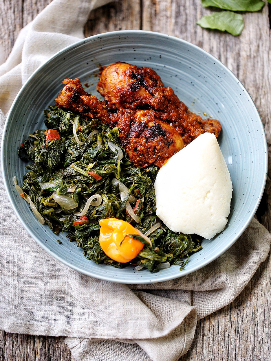 Kati Kati and Cameroonian-style Turnip Greens in a blue bowl