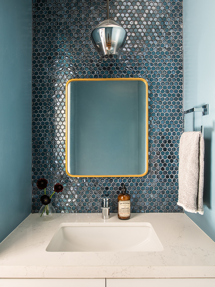 blue teal sink backsplash