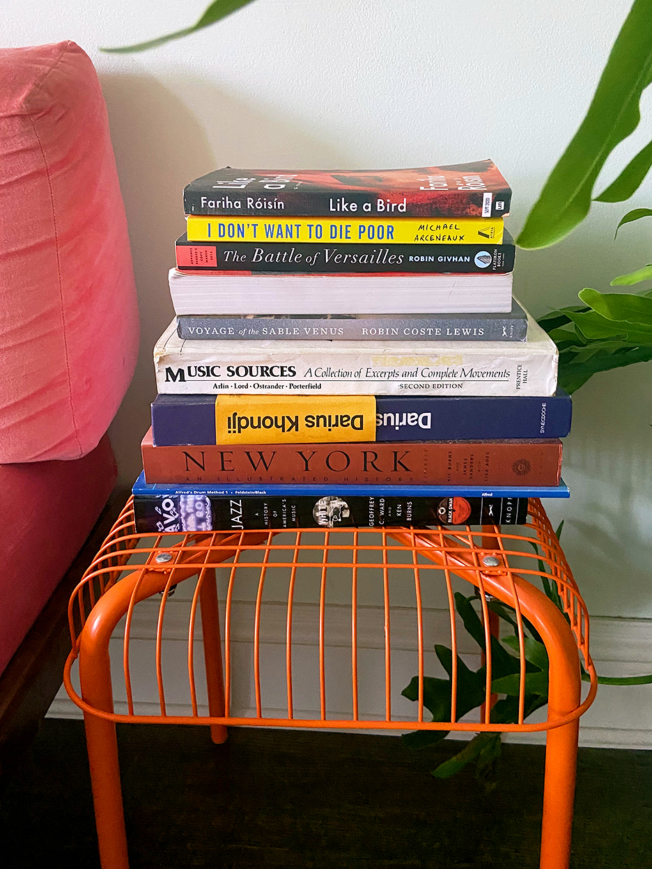 stool with books stacked on top