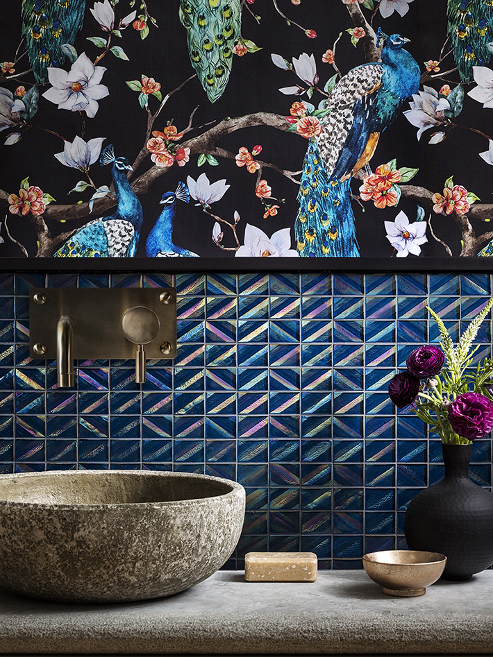 iridescent tile backsplash chinoiserie wallpaper behind sink