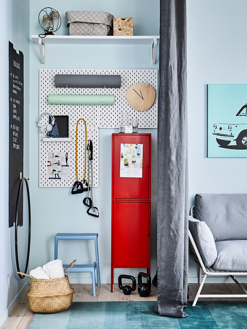 Pegboard with gym equipment