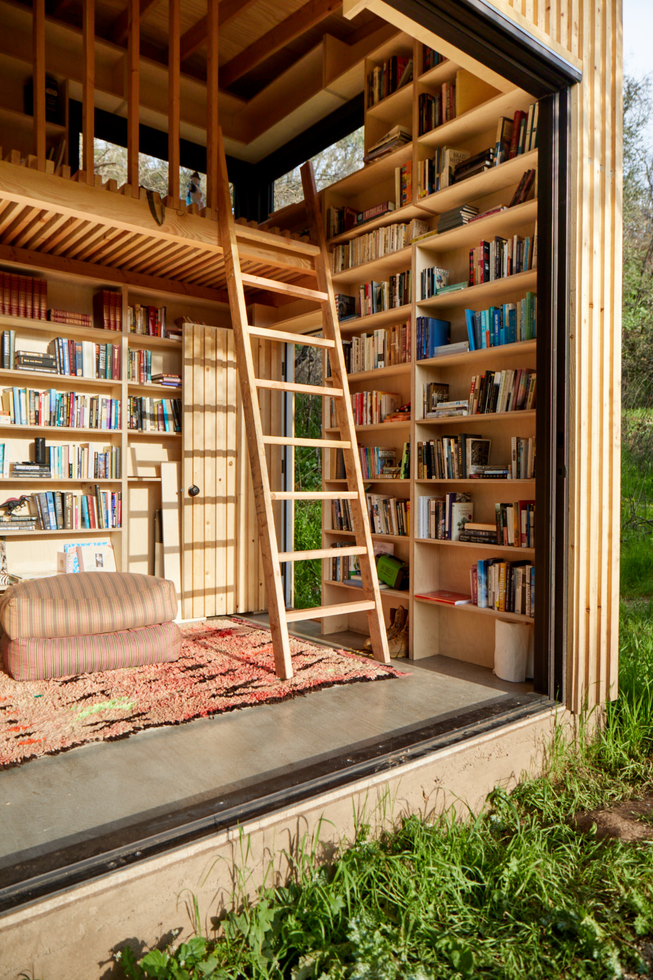 Bookshelf-lined interior of shed