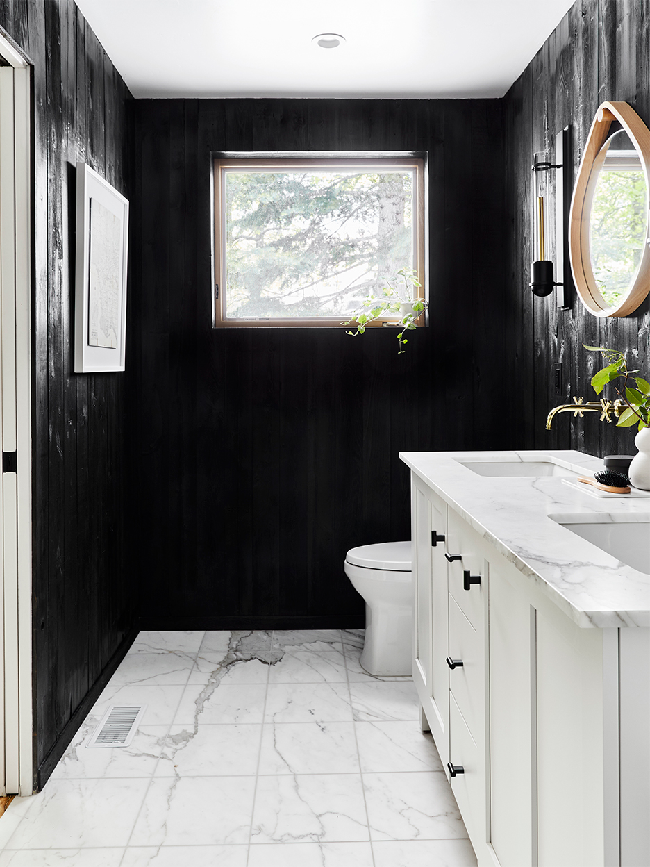 black and white bathroom with marble floor