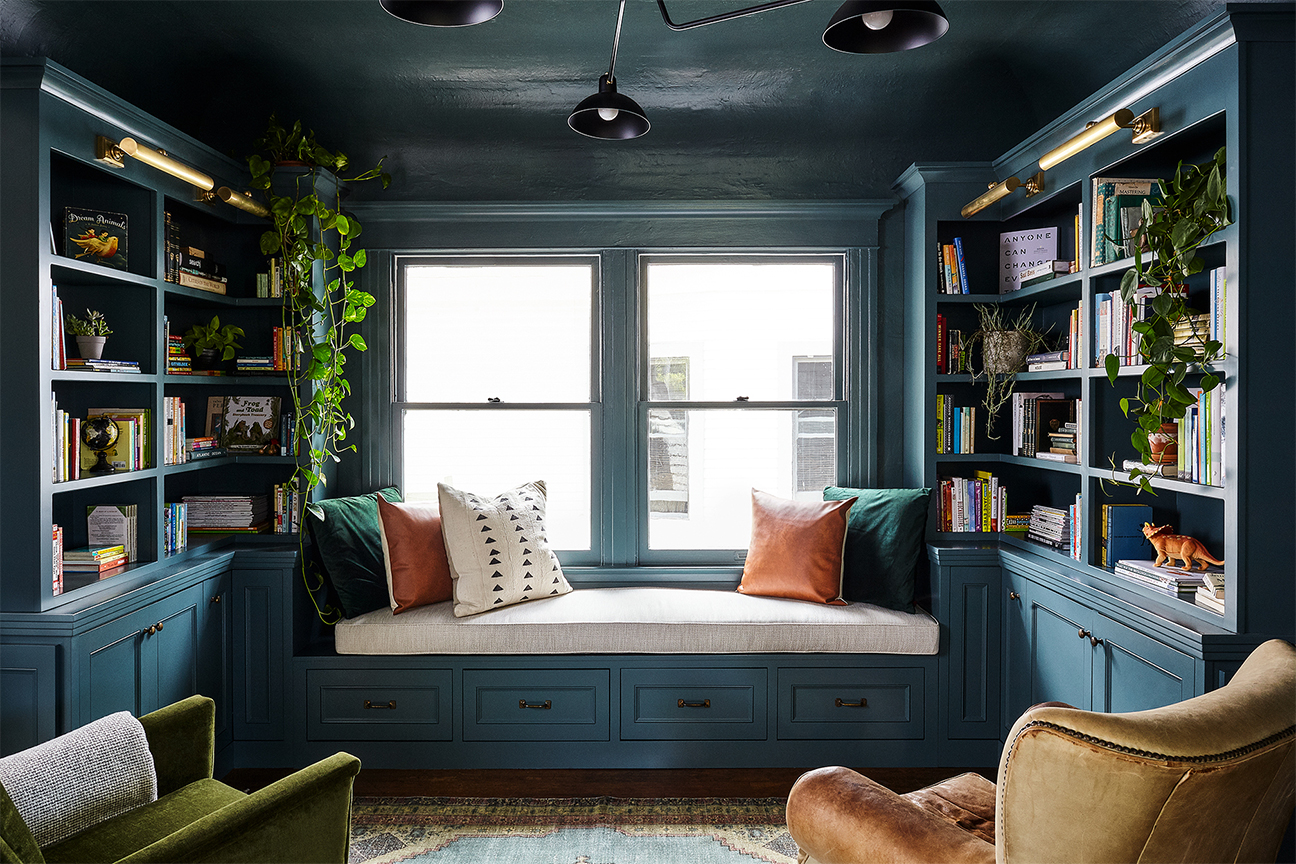 Library room with teal walls