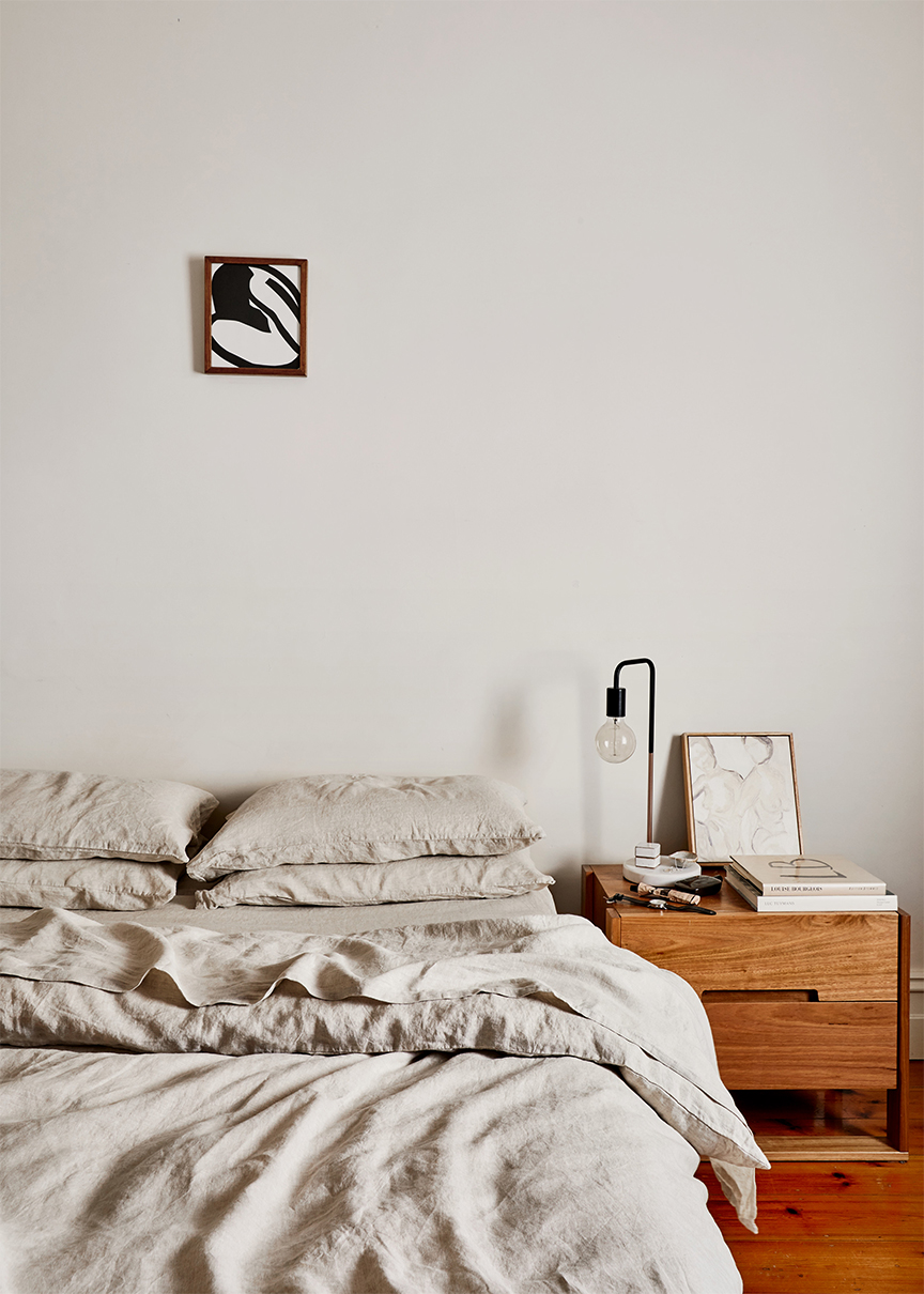 bedroom with bed with gray duvet