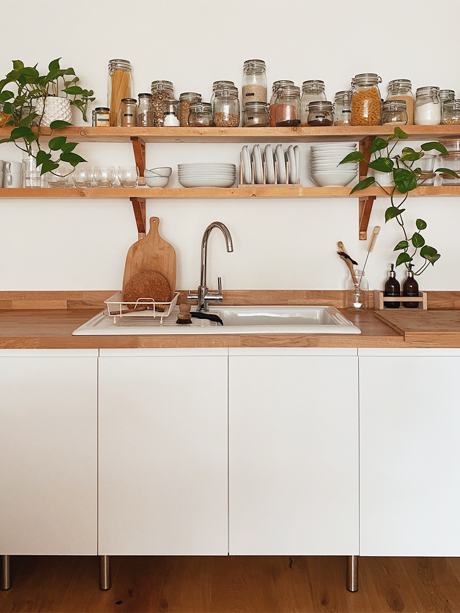 white kitchen cabinets butcher block counters open shelving