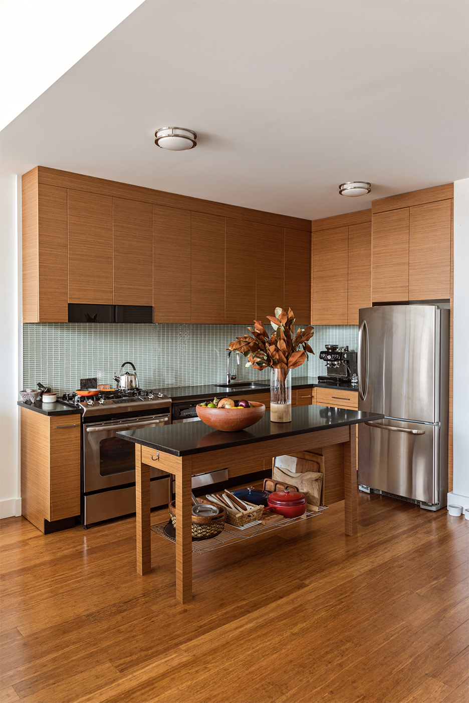 Kitchen with brown cabinets