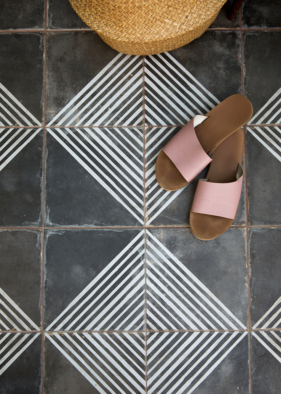 black and white tile patio