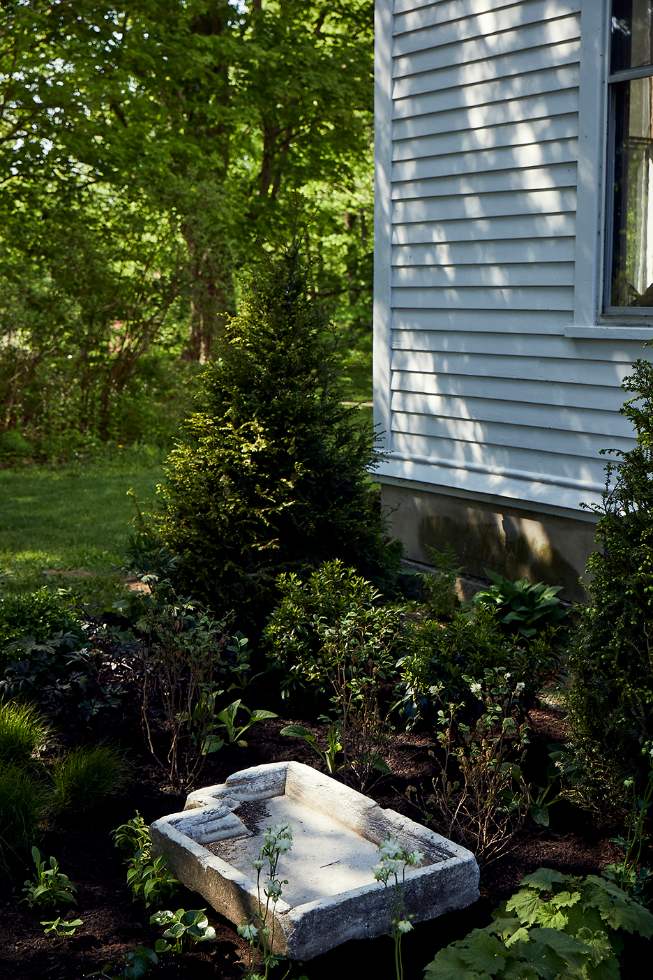 shade garden with stone bird bath