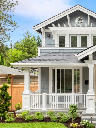 blue house with white porch