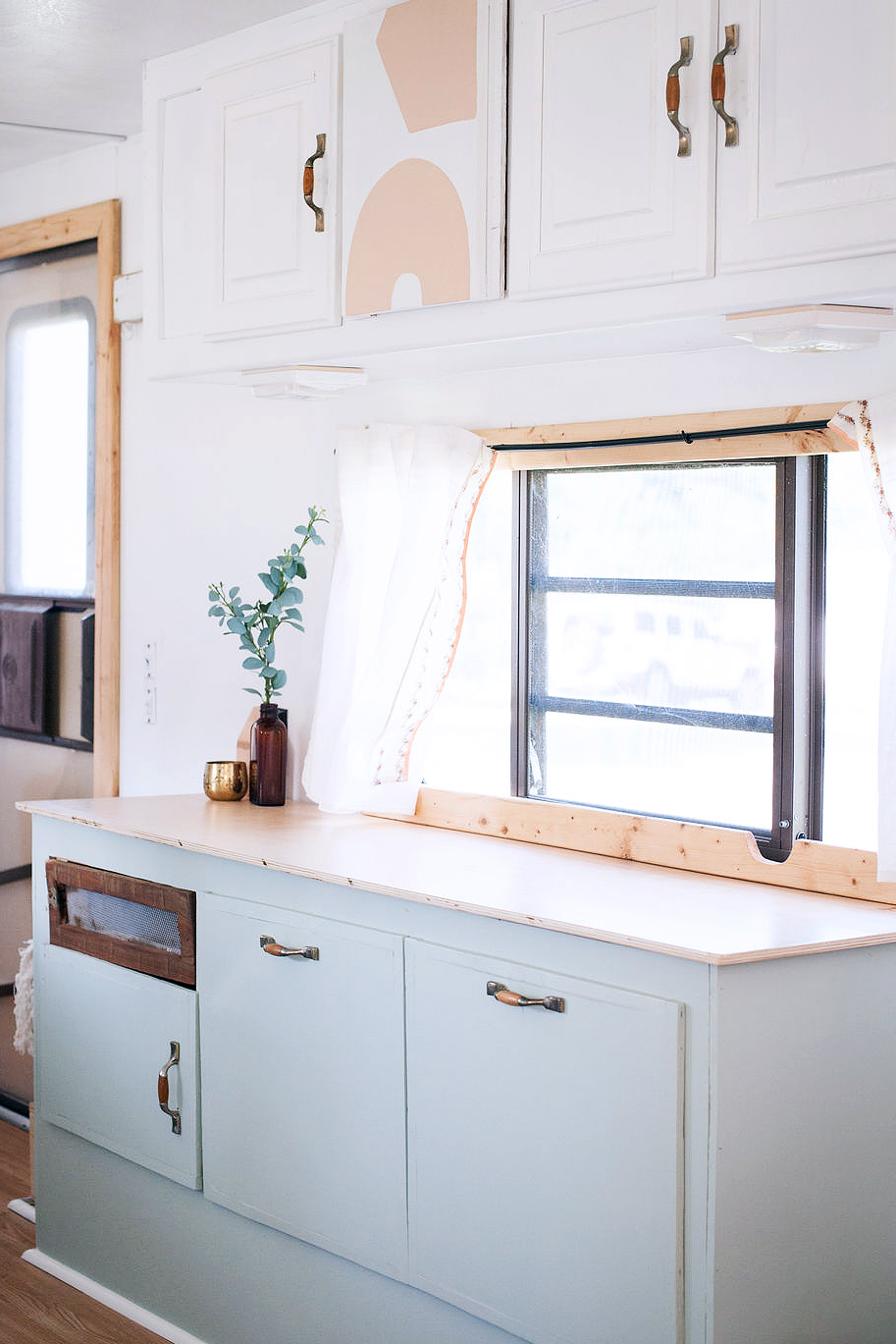 blue kitchen in rv