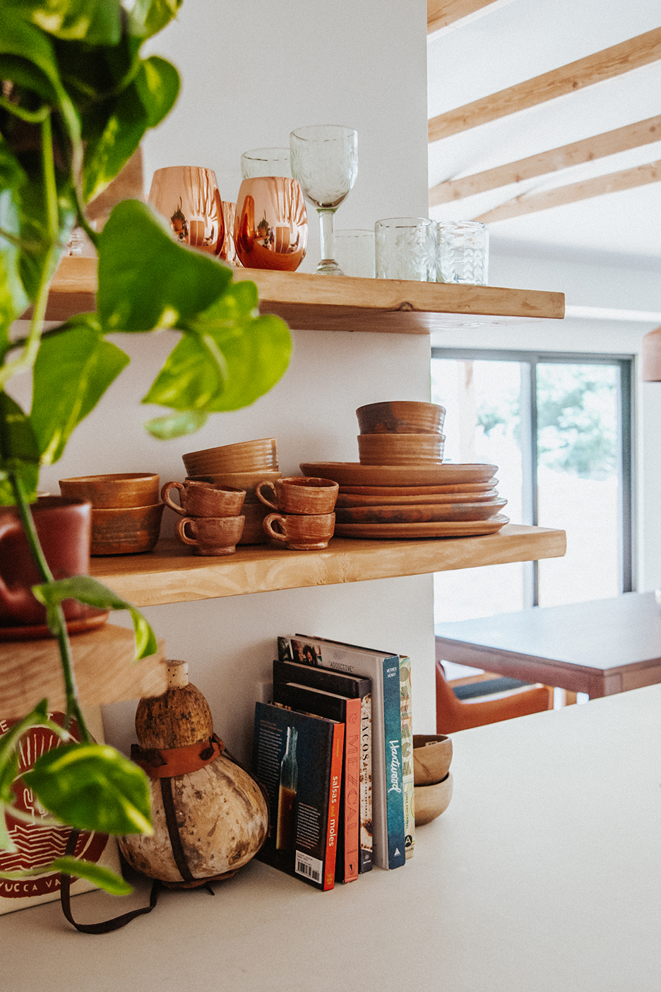 open wood shelves