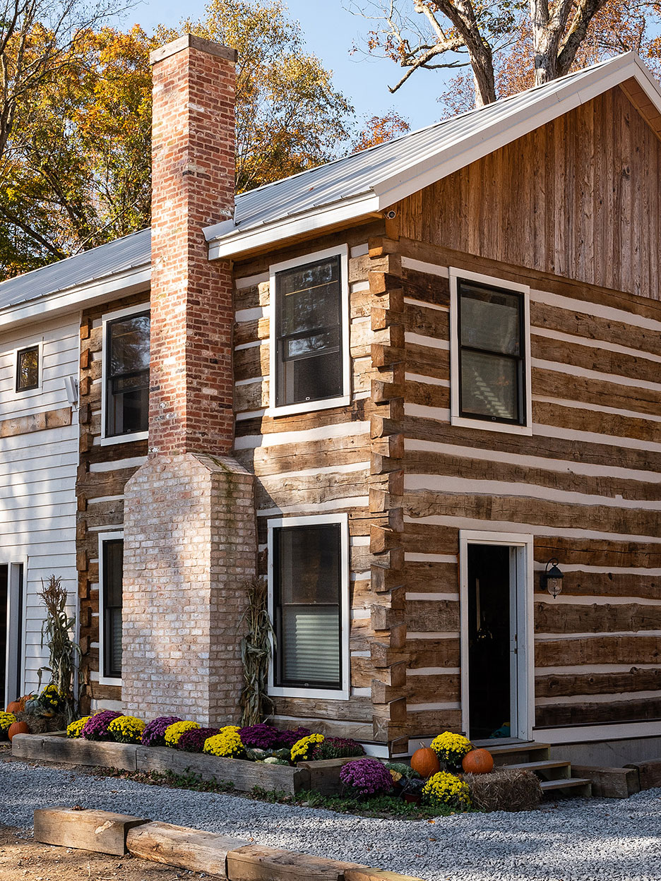 exterior cabin with brick chimneys