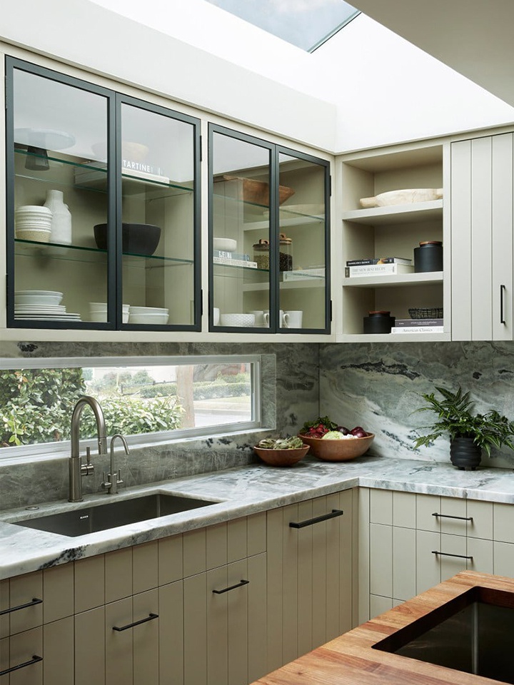 grey beaded cabinets in kitchen