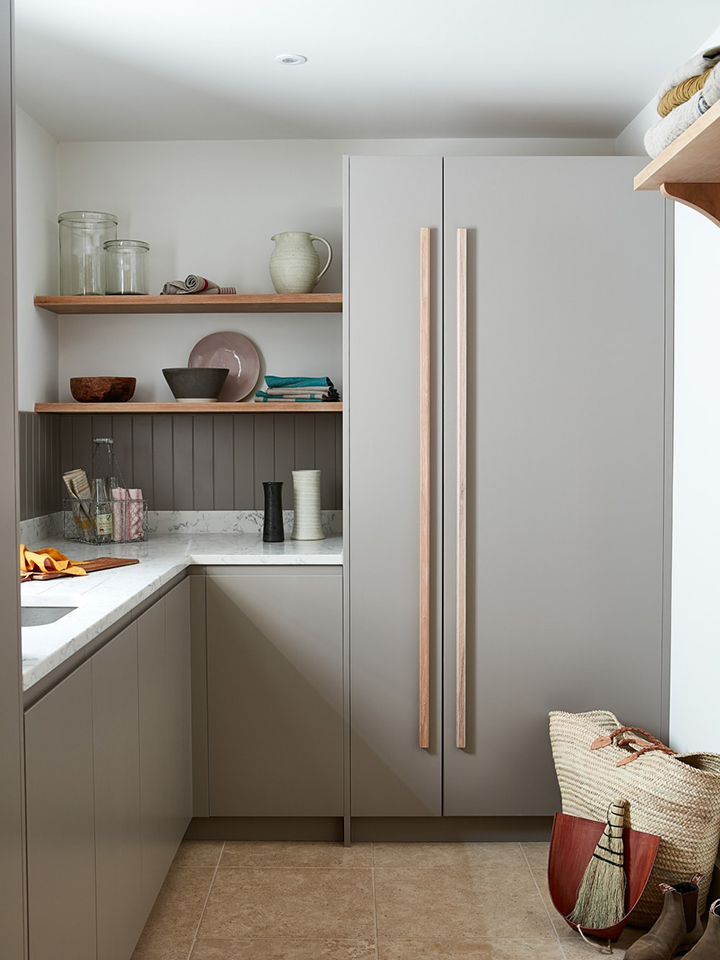 modern grey kitchen with wood open shelving