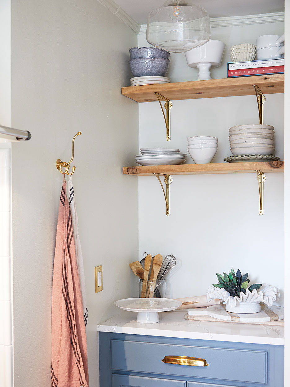 kitchen shelves and brass hardware