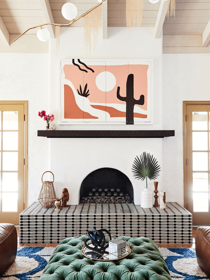 colorful mural over fireplace