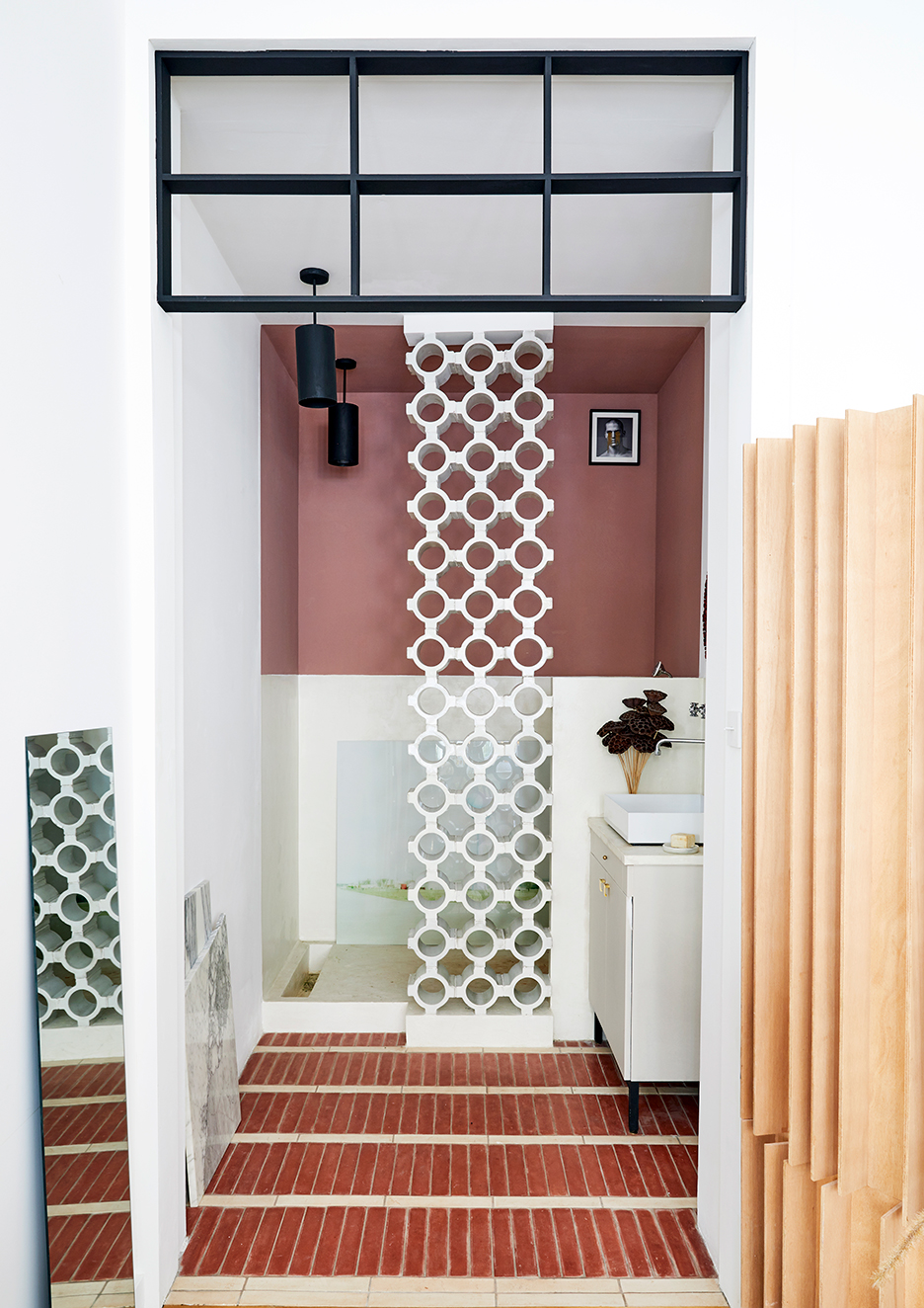 Dusty pink and white bathroom