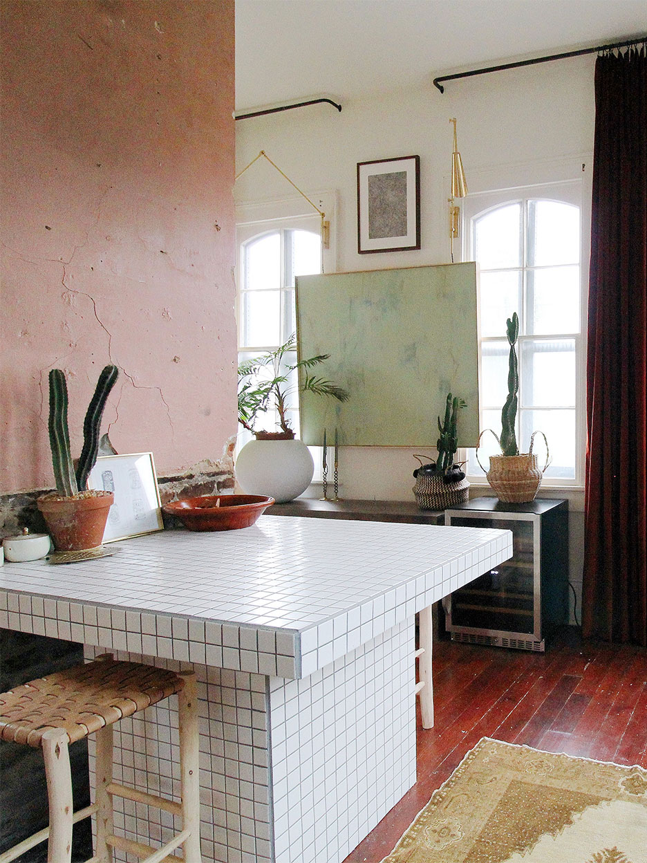 White square tile kitchen island