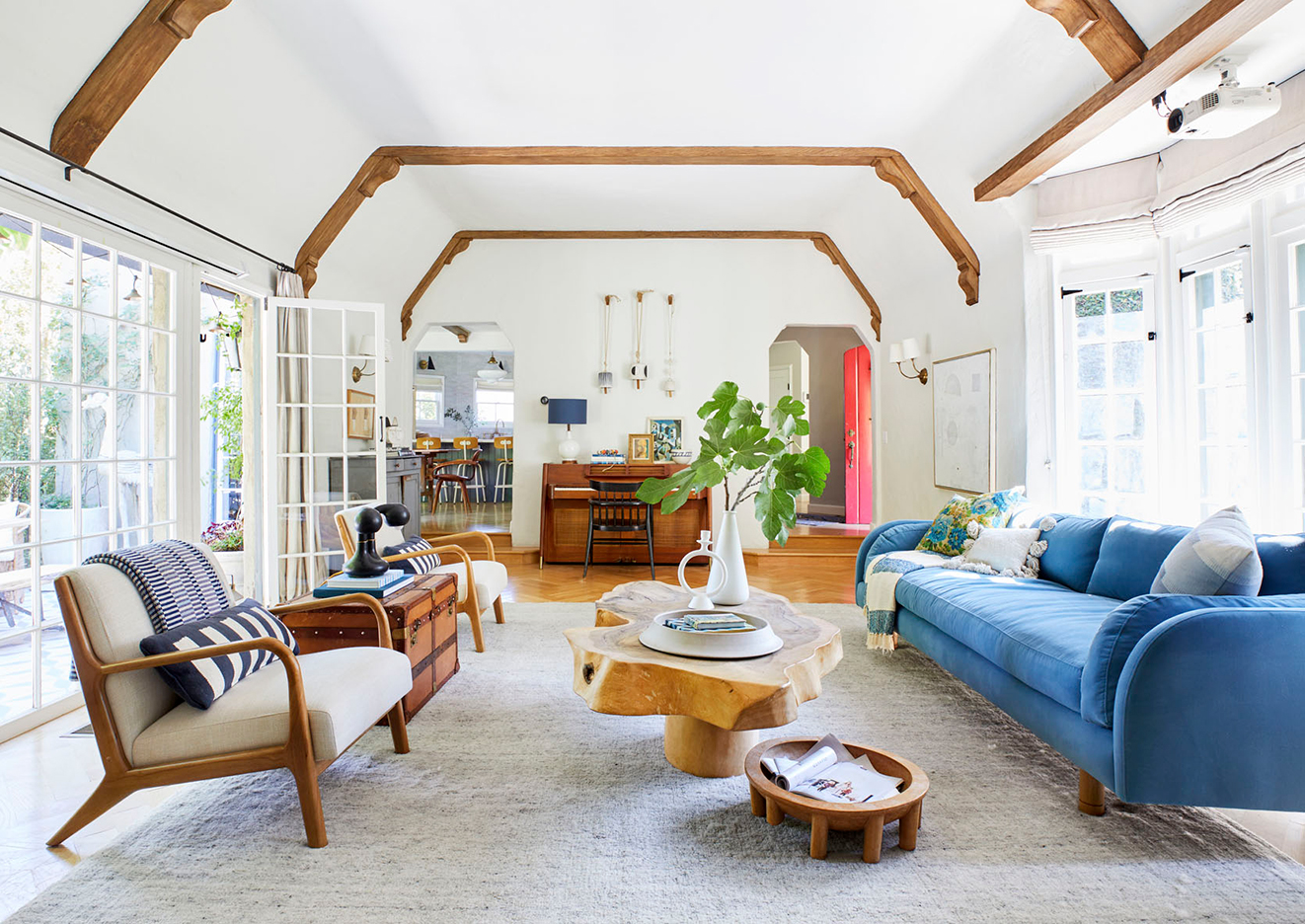 living room with wood beams