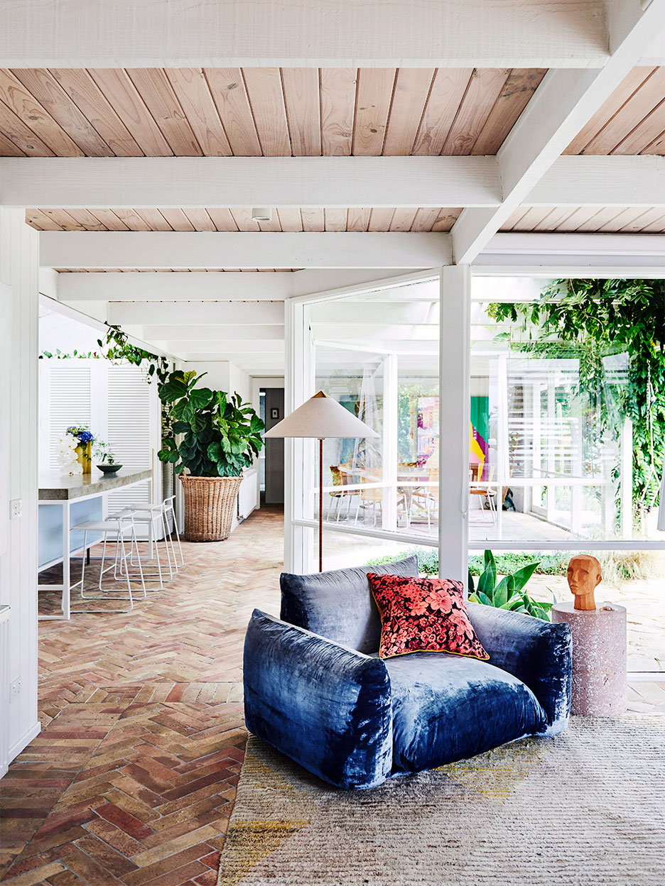 Blue velvet chair in living room