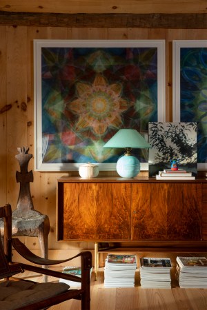 Mid-century credenza with turquoise lamp