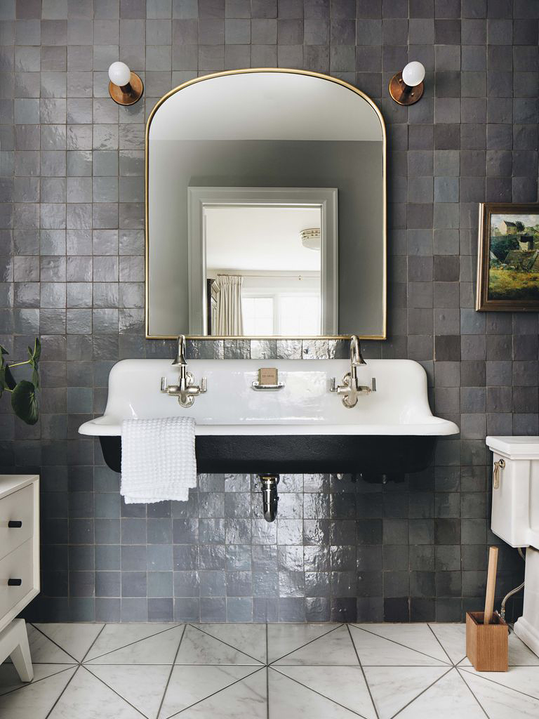 grey zellige bathroom walls with farmhouse sink