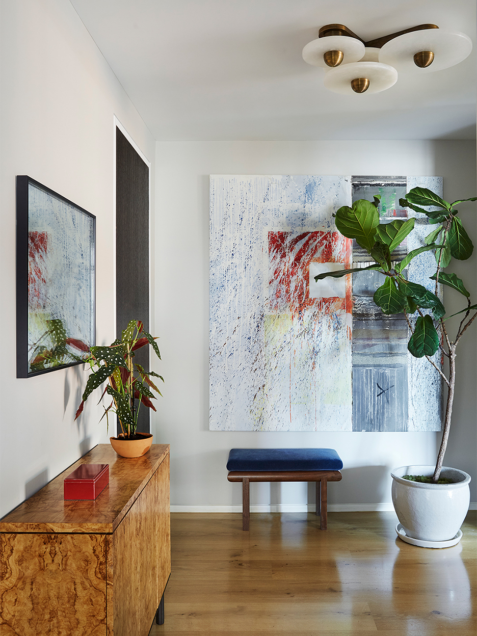 hallway with burlwood credenza