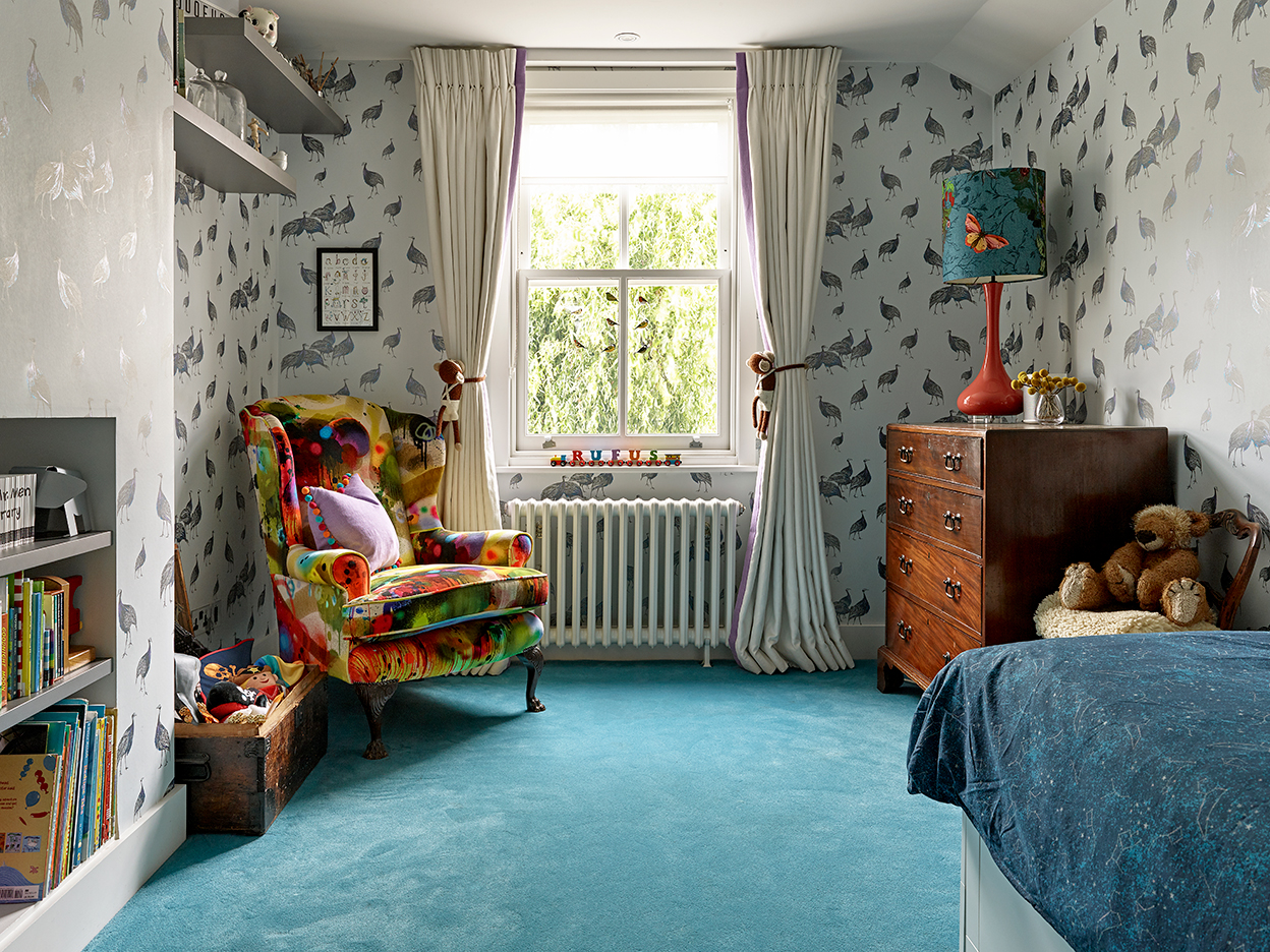 Kids room with turquoise carpet