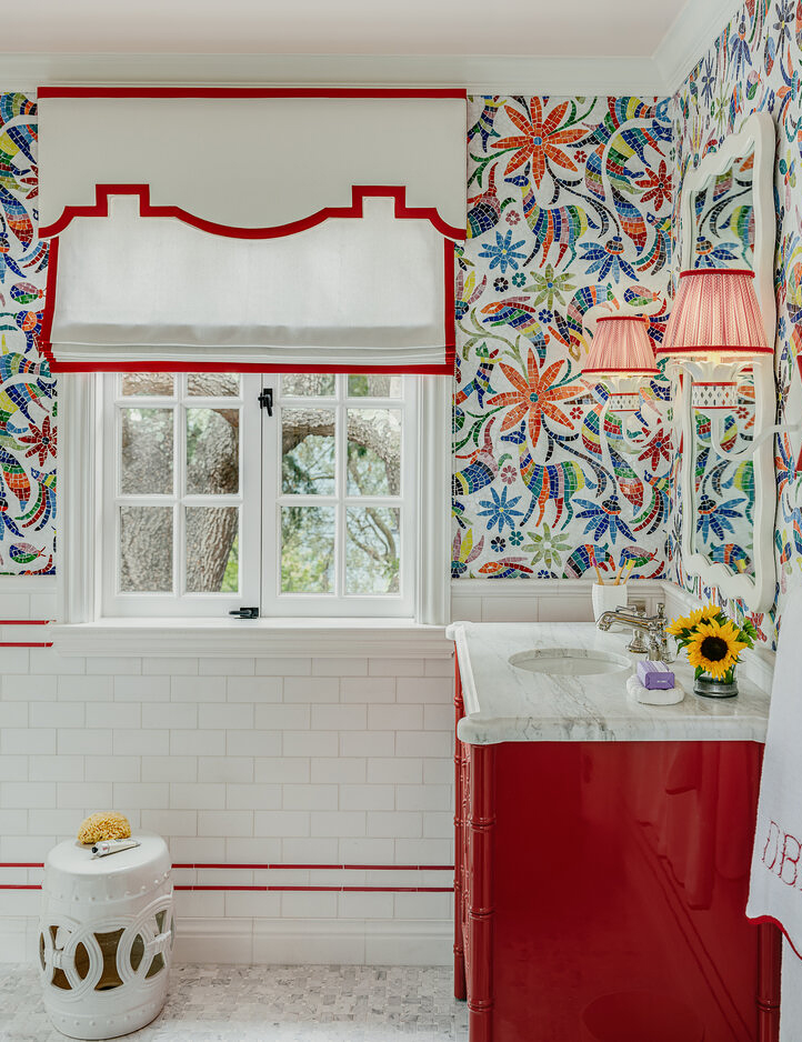 Kids bathroom with red striped window shade