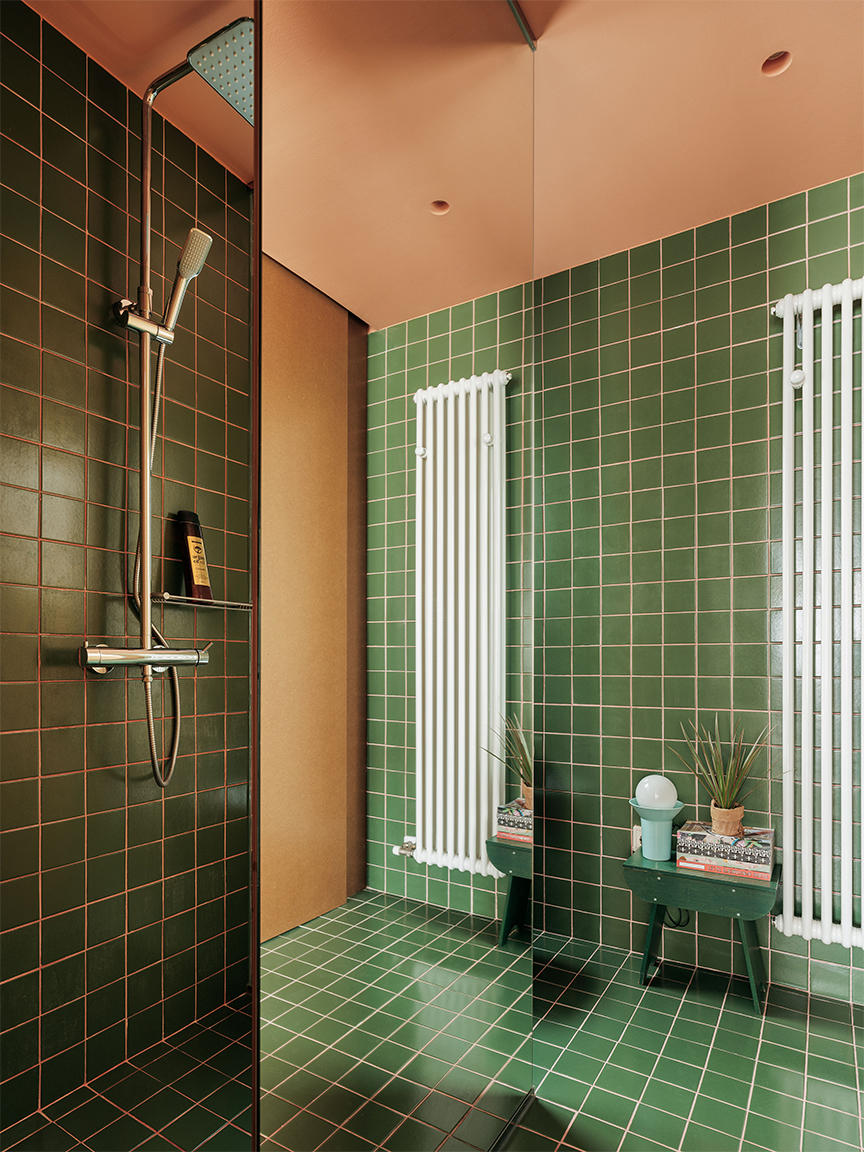 green tiled bathroom