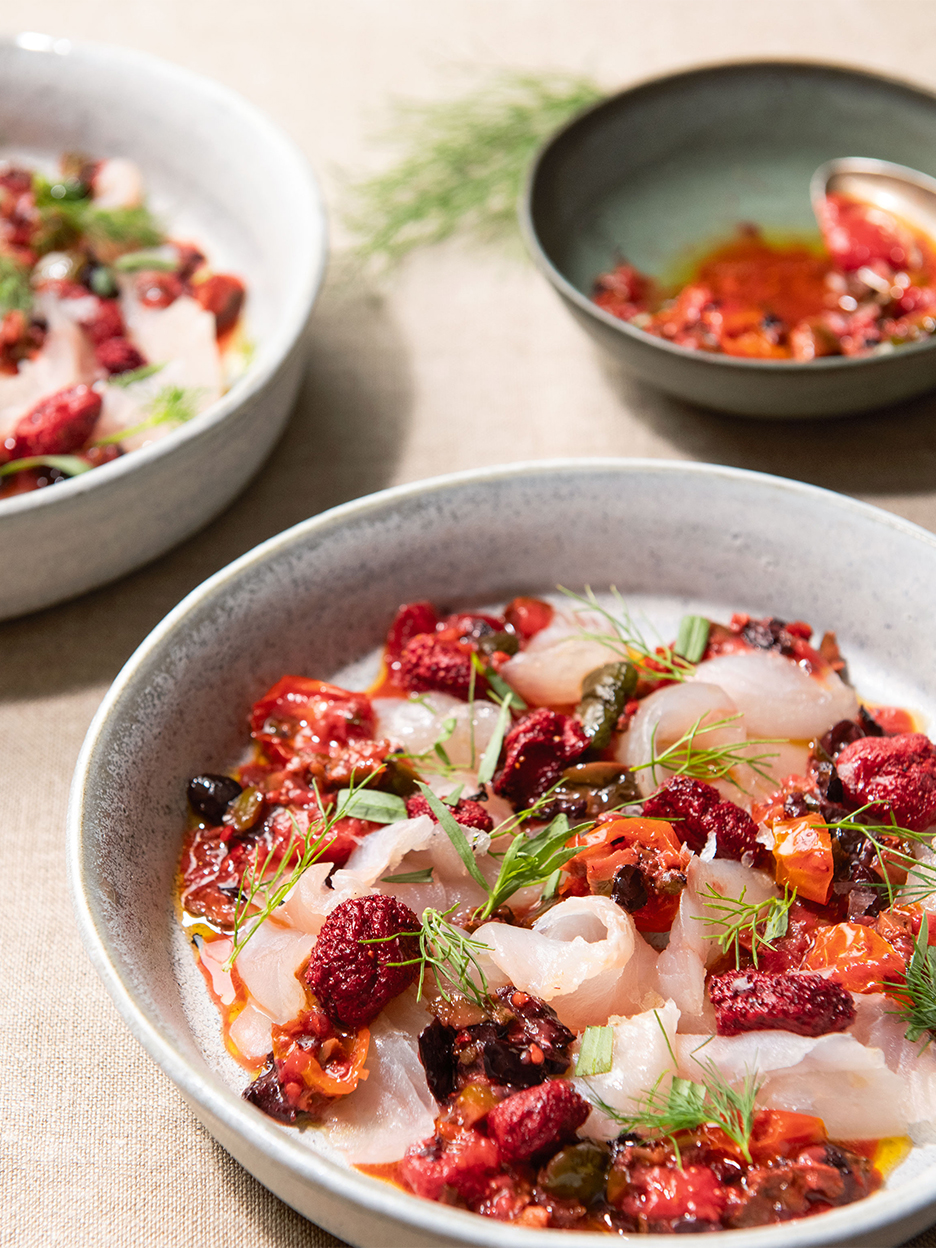 Fluke crudo with dried strawberries