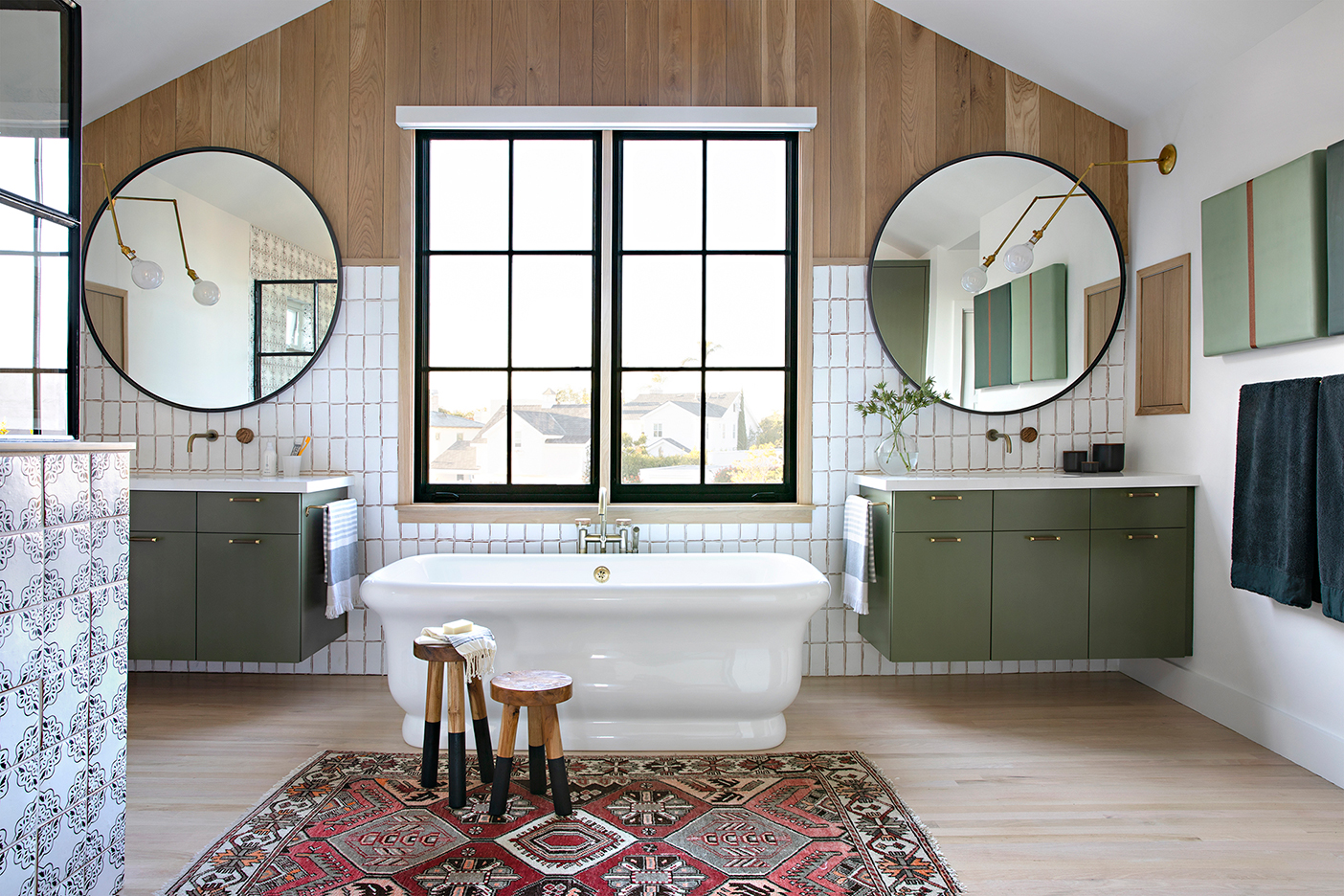 bathroom with wood and white walls