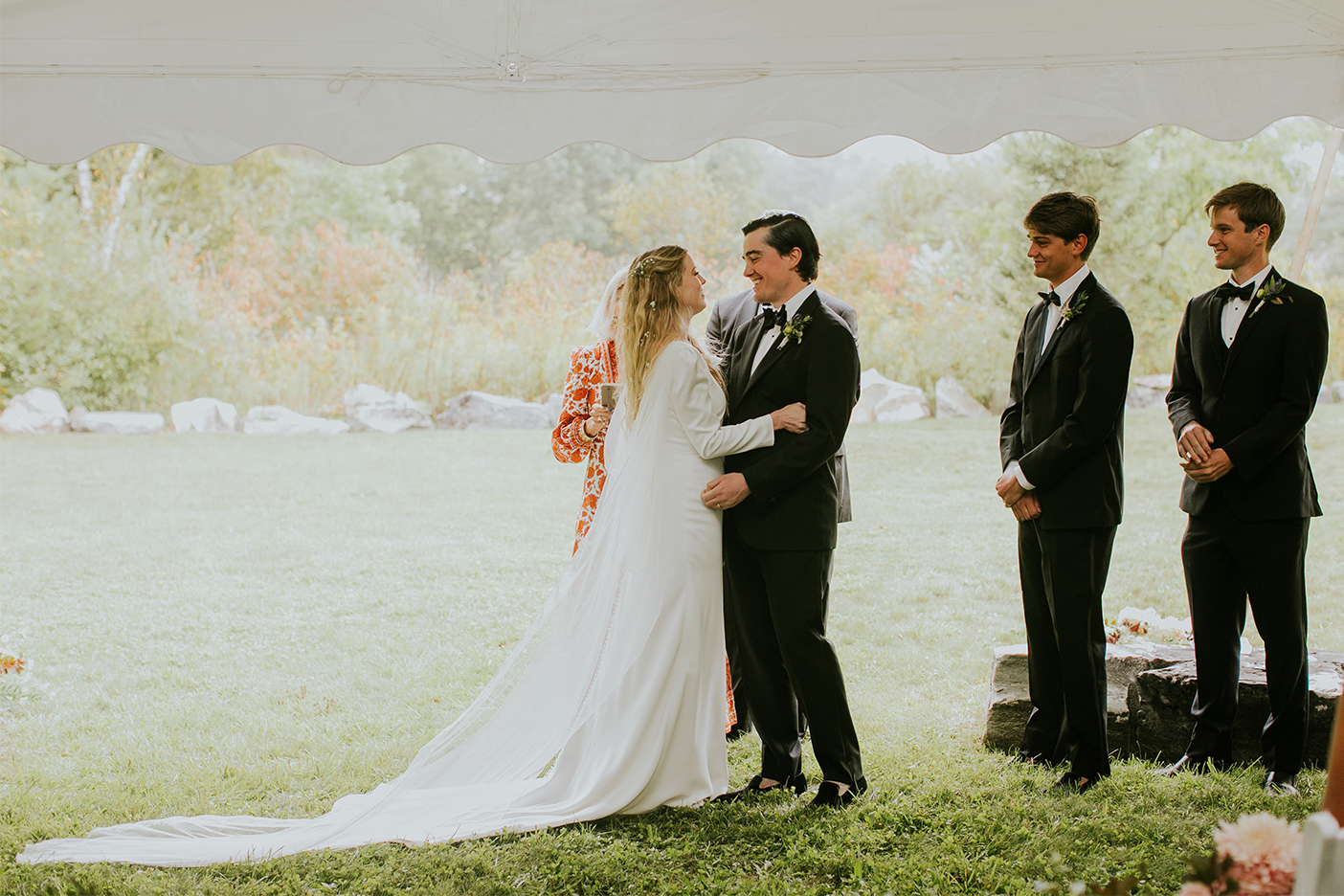 Bride and groom embracing