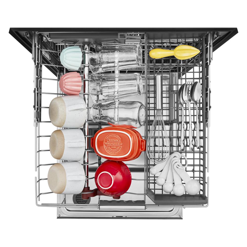 top drawer of open dishwasher