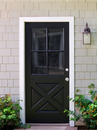 gray house with black door