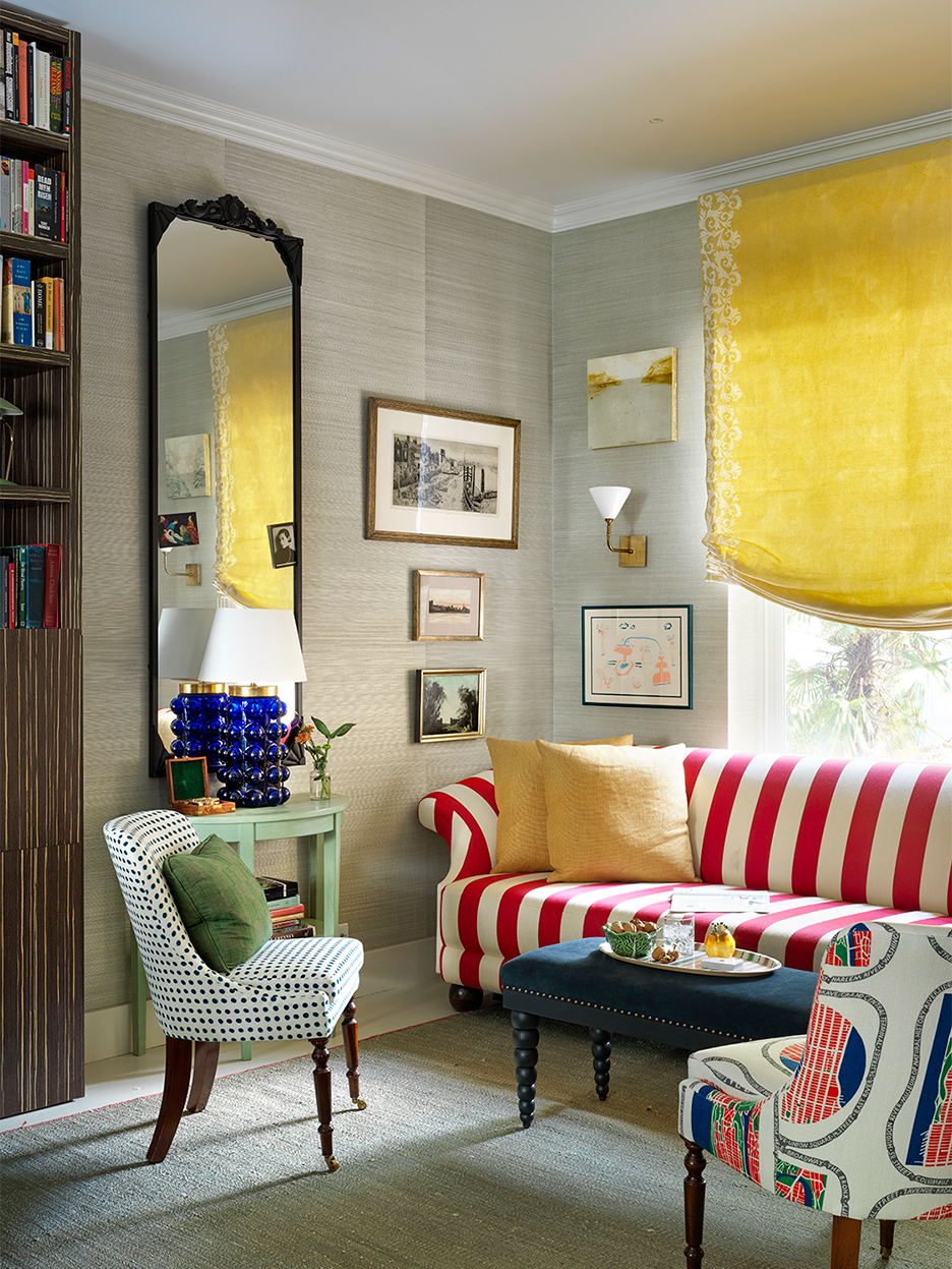 striped red couch in living room