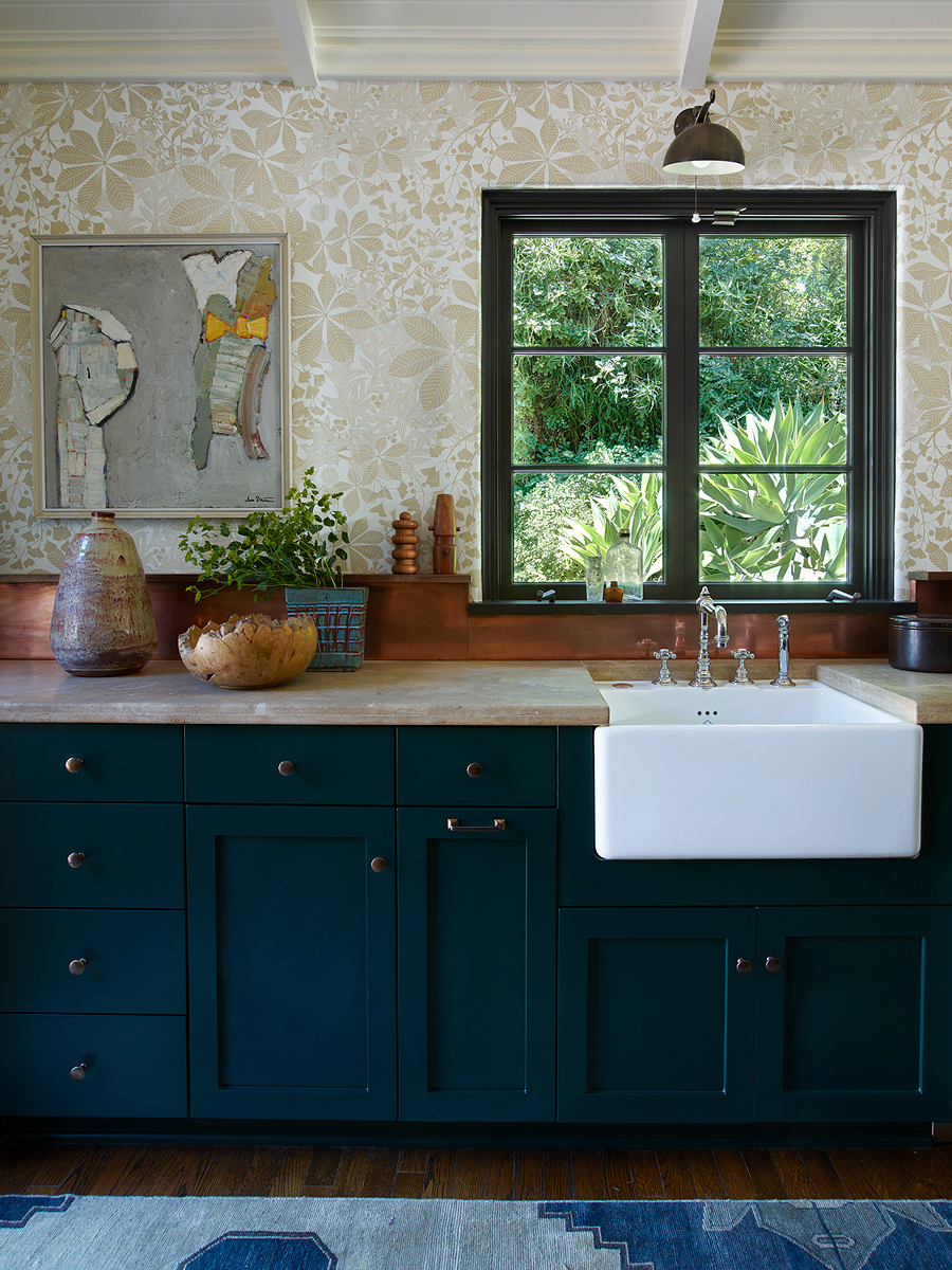 dark kitchen with farmhouse sink