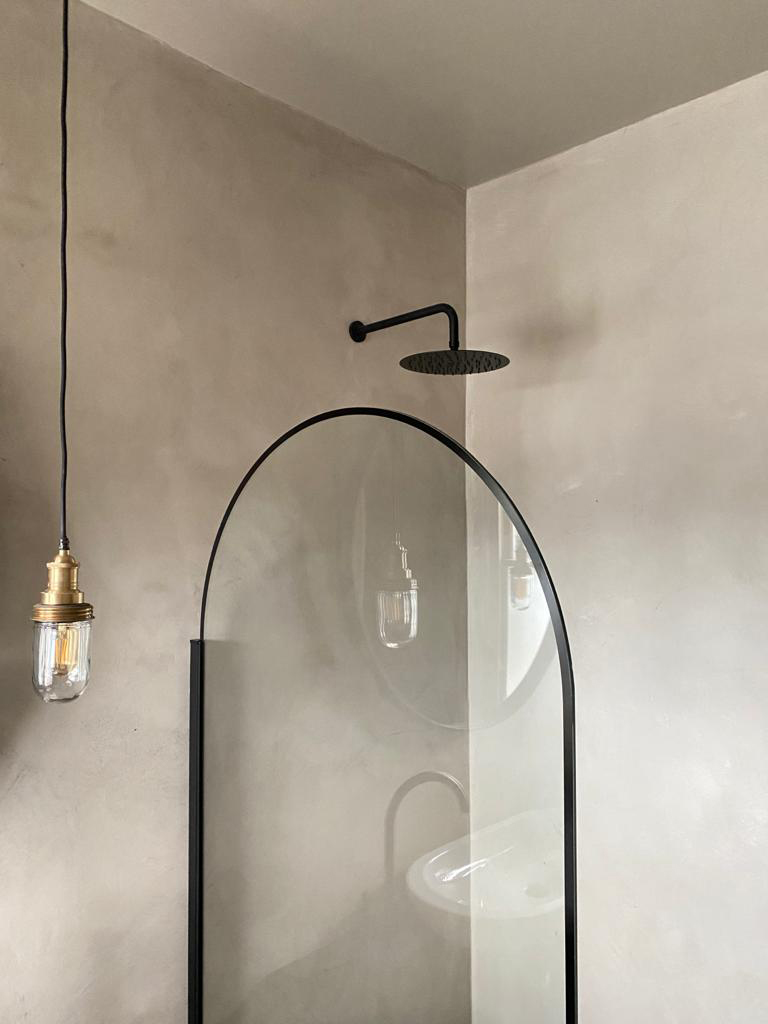 shower with gray walls