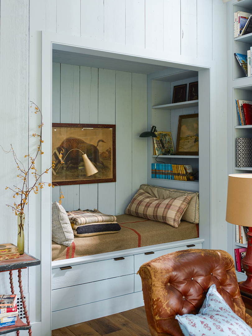 Reading nook painted in duck egg blue