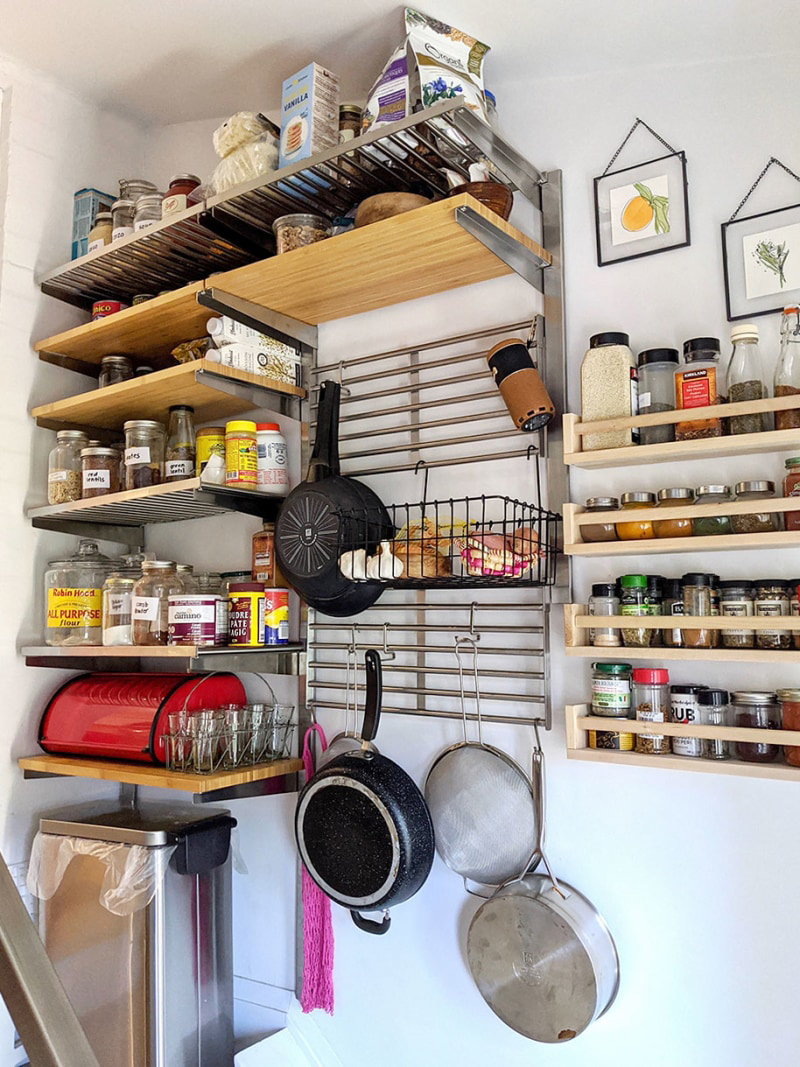 wood and steel shelves