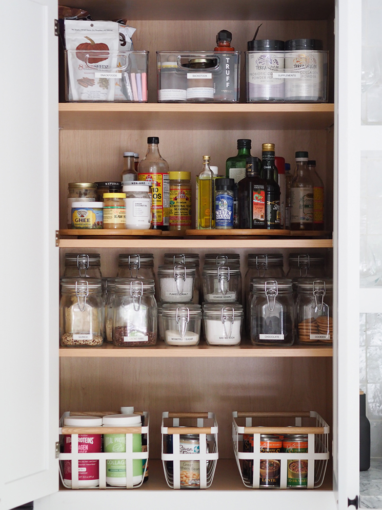 pantry bottles and oils on shelves