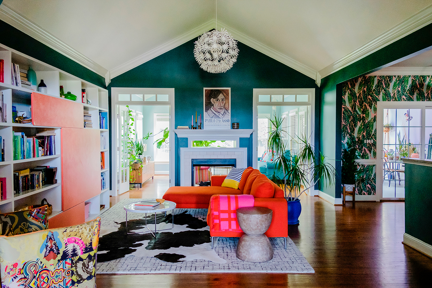 red sectional sofa in green living room